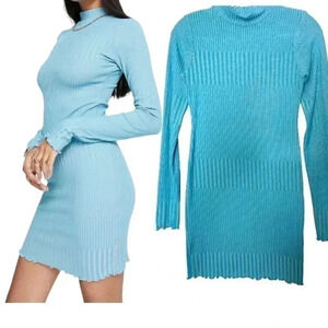 ASOS DESIGN ribbed two tone long sleeve mini dress in blue